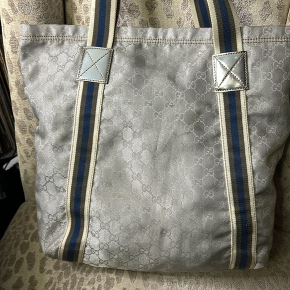 Gucci GG Silver Nylon open tote bag with green,blue,cream nylon stripes - Picture 11 of 17